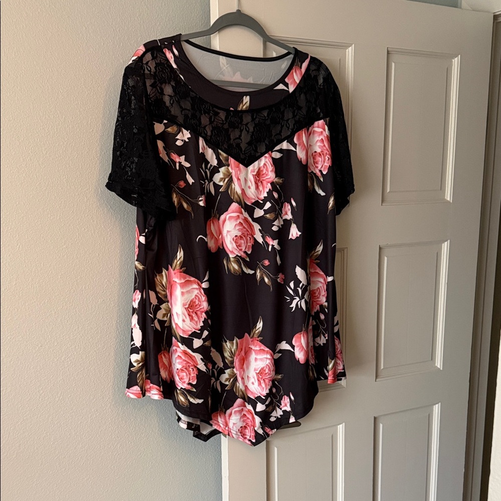 Amazon Black and Pink Floral Lace Blouse